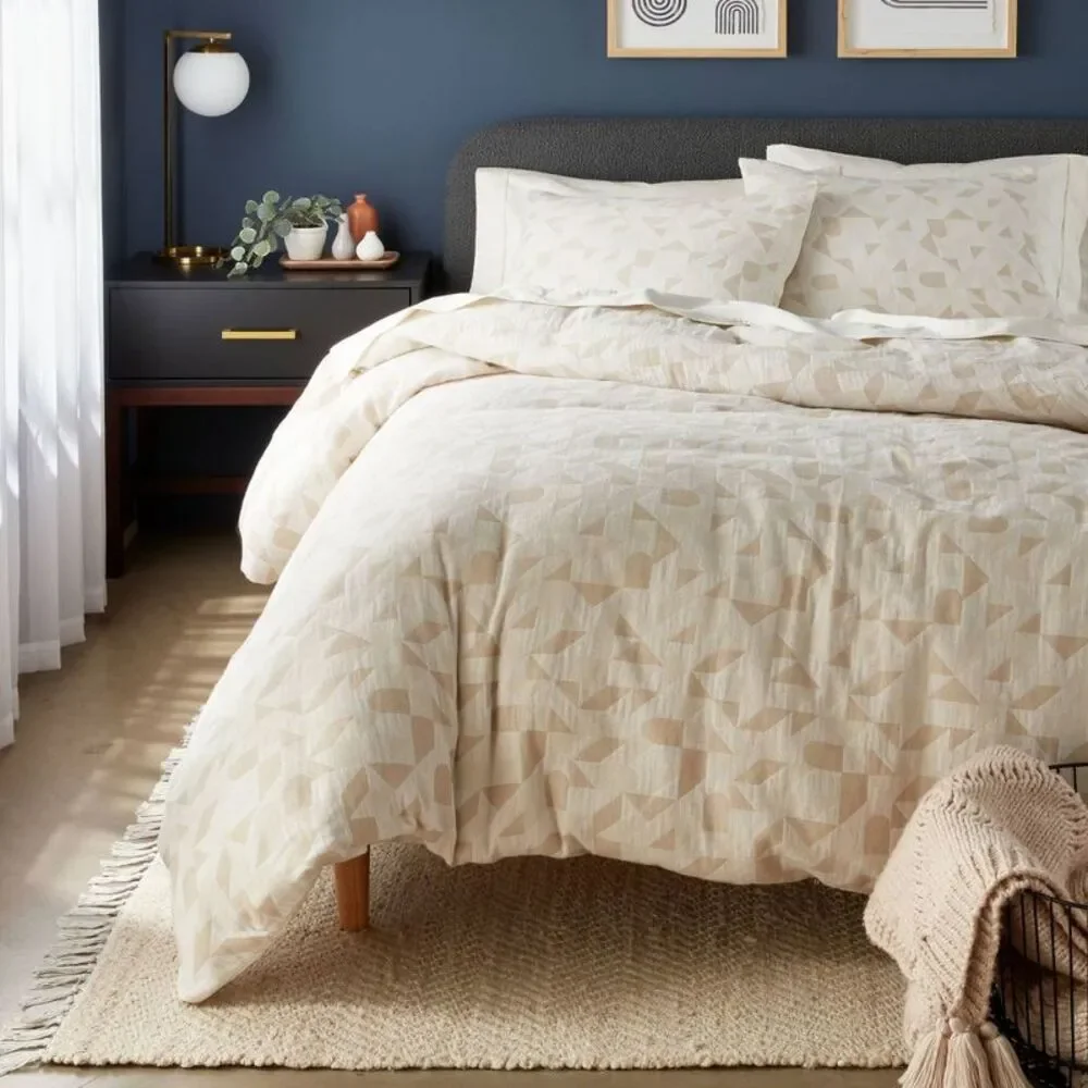 King Geo Matelasse Woven Cotton Blend Duvet Cover Set - Khaki/Ivory